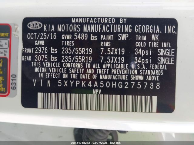 5XYPK4A50HG275738 KIA Sorento 3.3l Sxl