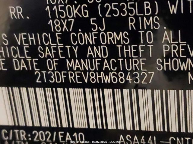 2T3DFREV8HW684327 Toyota Rav4 Limited