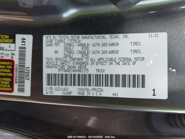 5TFNA5EC4NX001315 Toyota Tundra Platinum