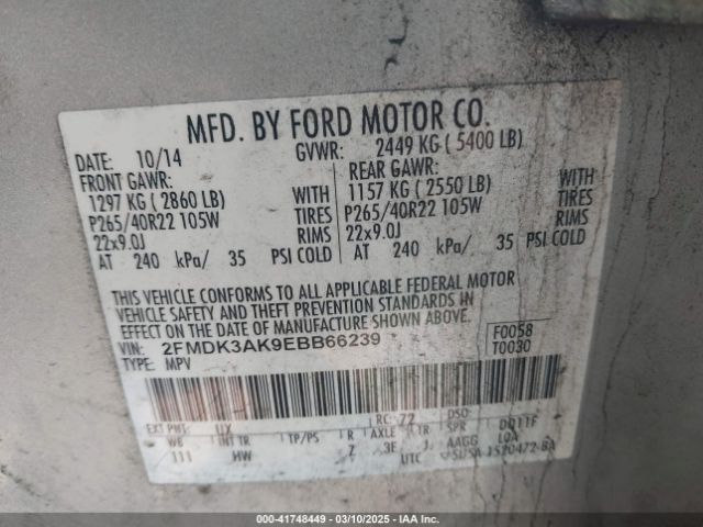 2FMDK3AK9EBB66239 Ford 2014