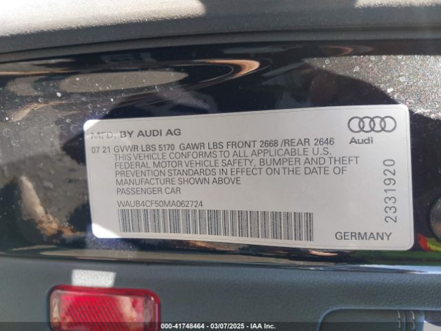 WAUB4CF50MA062724 Audi S5 Sportback Prestige Tfsi Quattro Tiptronic