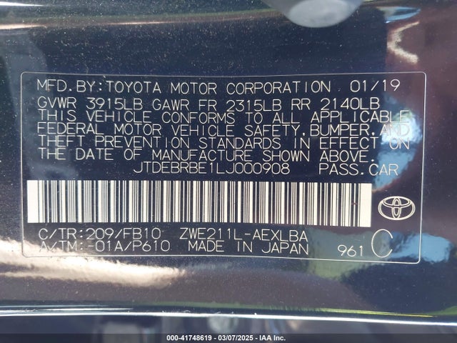 Toyota Corolla Hybrid Le 2020 JTDEBRBE1LJ000908 Image 9