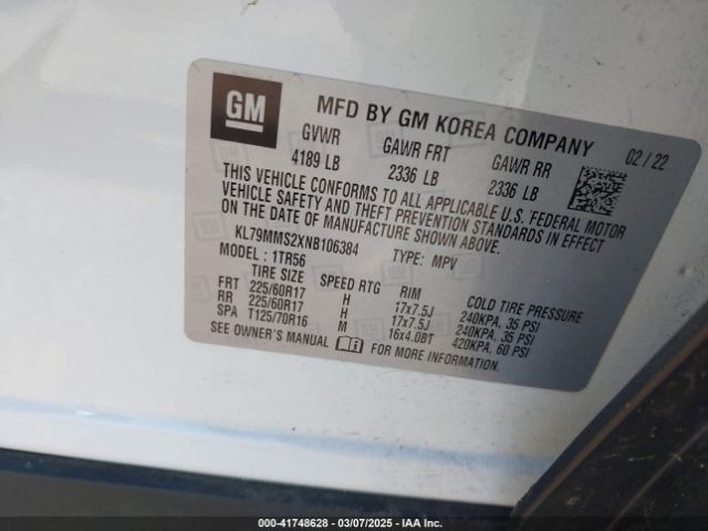 KL79MMS2XNB106384 Chevrolet Trailblazer Fwd Ls