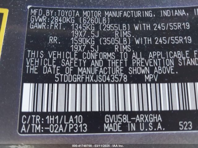 5TDDGRFHXJS043578 Toyota Highlander Hybrid Limited
