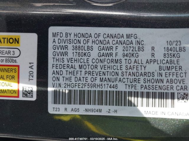 2HGFE2F59RH517446 Honda Civic Sport