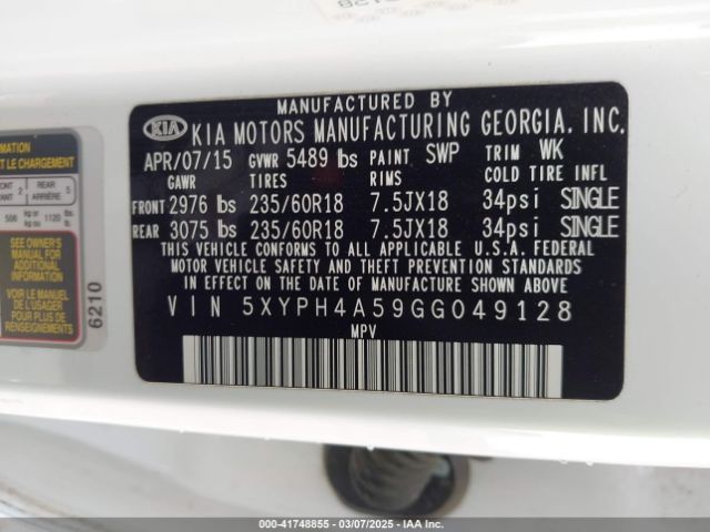 5XYPH4A59GG049128 KIA Sorento 3.3l Ex