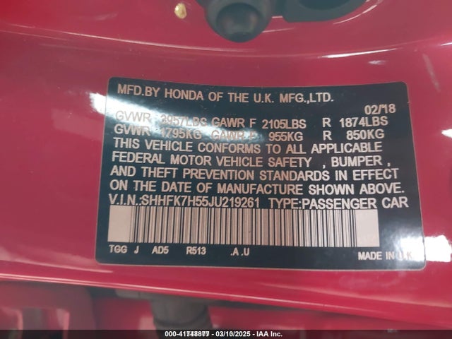 Honda CIVIC EX 2018 SHHFK7H55JU219261 Image 9