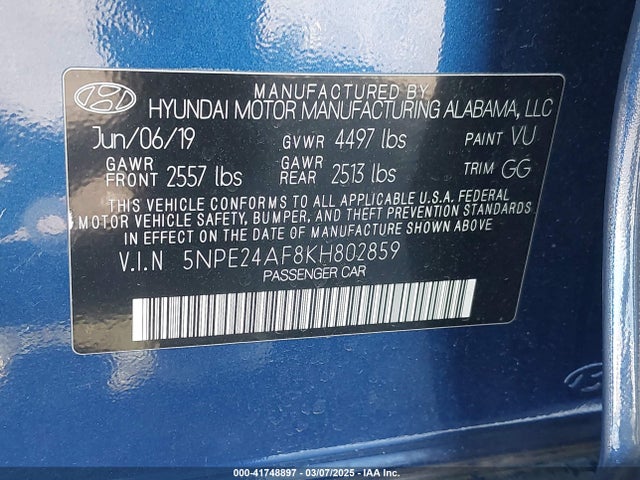 5NPE24AF8KH802859 Hyundai SONATA SE