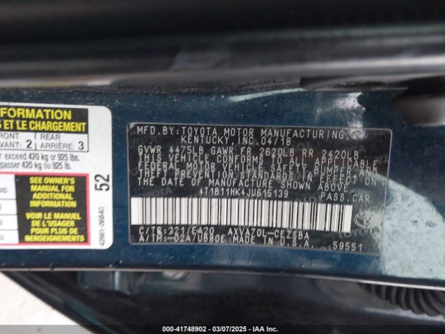4T1B11HK4JU615139 Toyota CAMRY SE