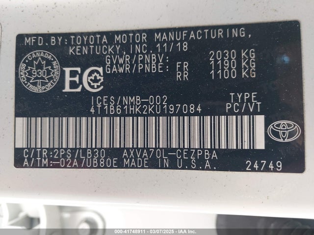 4T1B61HK2KU197084 Toyota CAMRY XSE