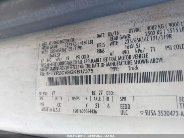 1FTYR2CV9GKB17375 Ford Transit-250