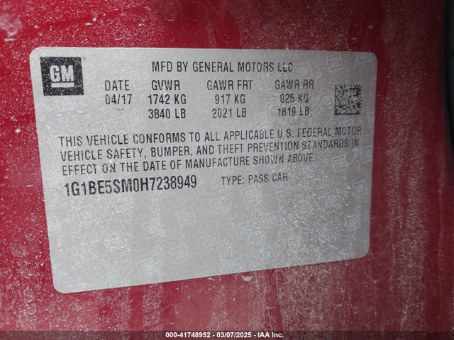 1G1BE5SM0H7238949 Chevrolet Cruze Lt Auto
