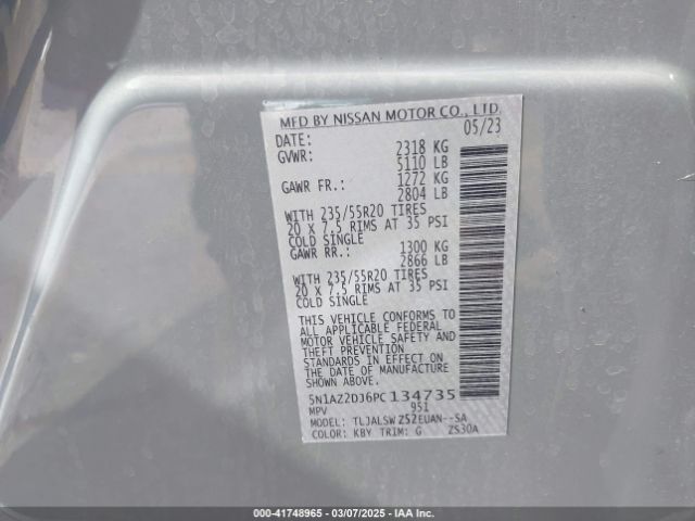 5N1AZ2DJ6PC134735 Nissan Murano Platinum Fwd