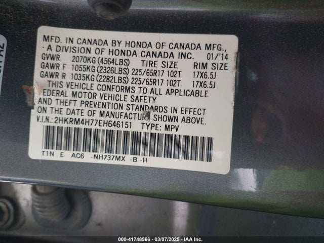 2HKRM4H77EH646151 Honda Cr-v Ex-l