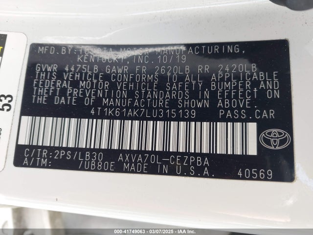 4T1K61AK7LU315139 Toyota CAMRY XSE