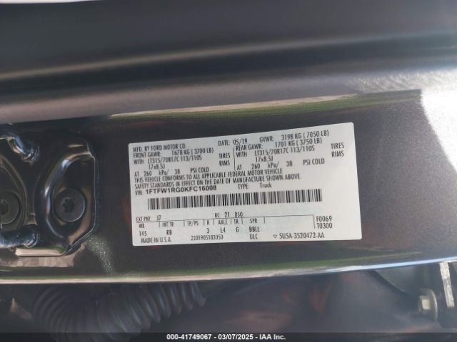 1FTFW1RG0KFC16008 Ford F-150 Raptor