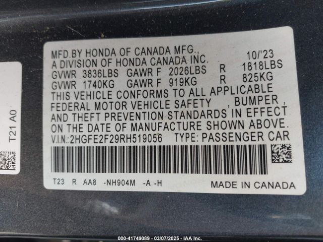 2HGFE2F29RH519056 Honda Civic Lx