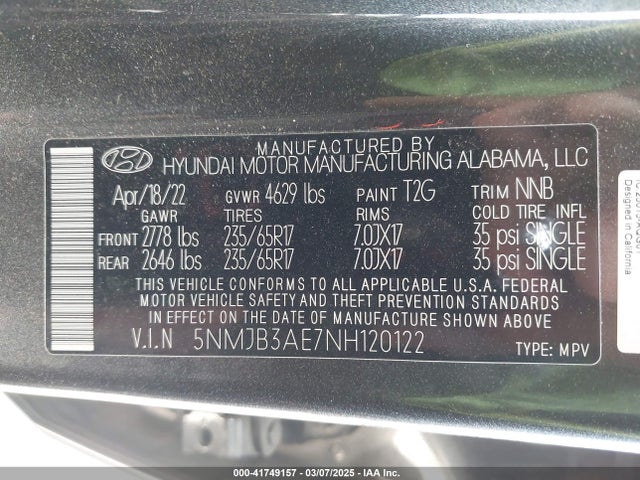 5NMJB3AE7NH120122 Hyundai TUCSON SEL