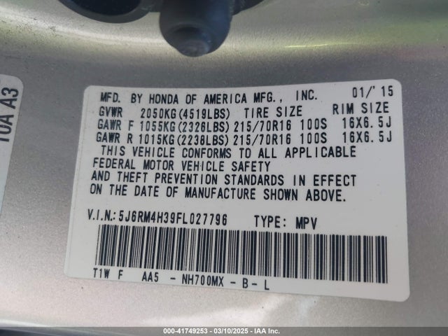 Honda CR-V LX 2015 5J6RM4H39FL027796 Image 9