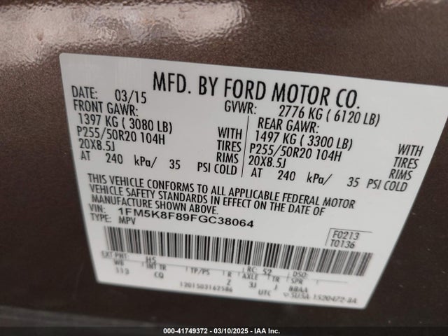 1FM5K8F89FGC38064 Ford Explorer Limited