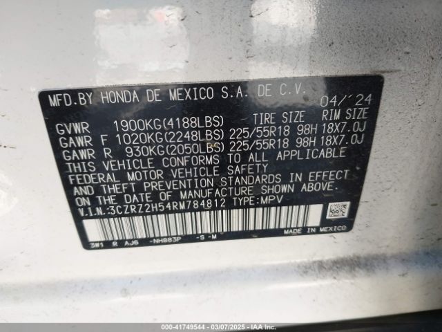 3CZRZ2H54RM784812 Honda Hr-v Awd Sport/awd Sport W/o Bsi