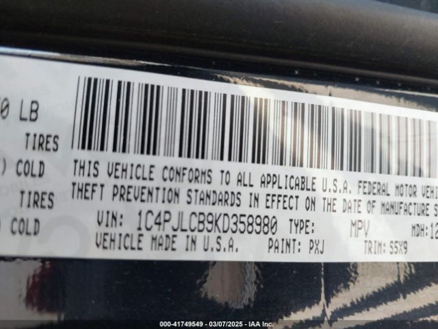 1C4PJLCB9KD358980 Jeep Cherokee Latitude Fwd