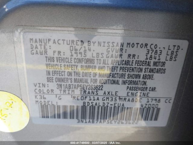 3N1AB7AP5EY263622 Nissan Sentra Fe+ S/fe+ Sv/s/sl/sr/sv