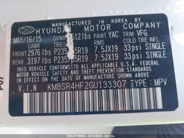 Hyundai Santa Fe Limited 2016 KM8SR4HF2GU133307 Image 9