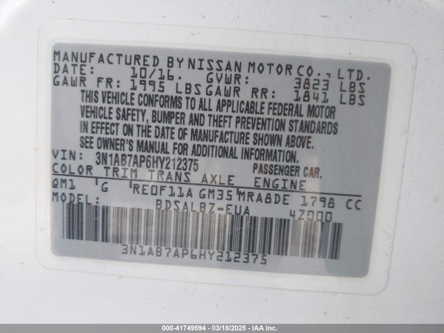 3N1AB7AP6HY212375 Nissan SENTRA S