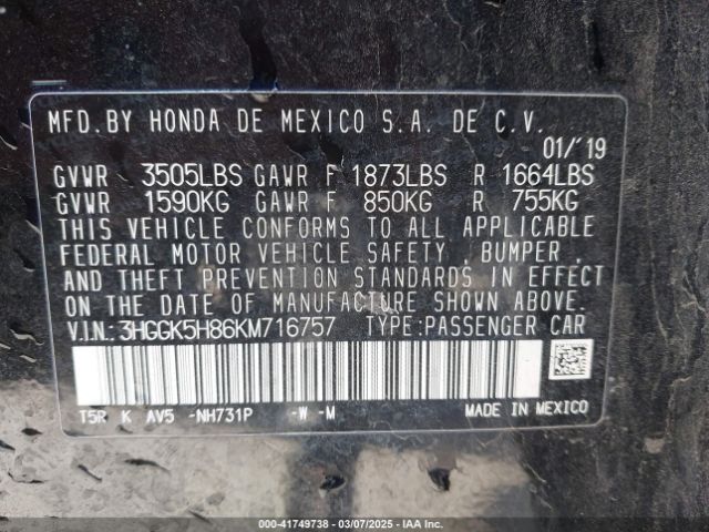 3HGGK5H86KM716757 Honda FIT EX