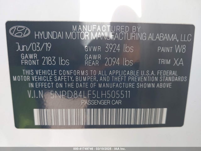 5NPD84LF5LH505511 Hyundai ELANTRA SEL