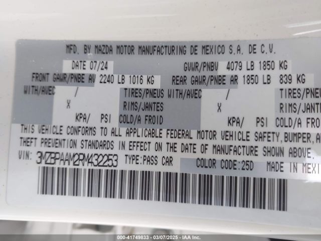 3MZBPAAM2RM432253 Mazda Mazda3 2.5 S