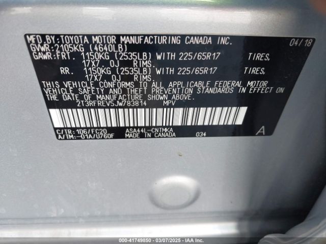 2T3RFREV5JW783814 Toyota Rav4 Xle
