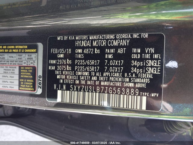 5XYZU3LB7JG563889 Hyundai Santa Fe Sport 2.4l