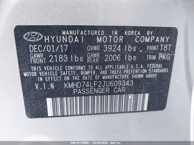 KMHD74LF2JU609343 Hyundai ELANTRA SE
