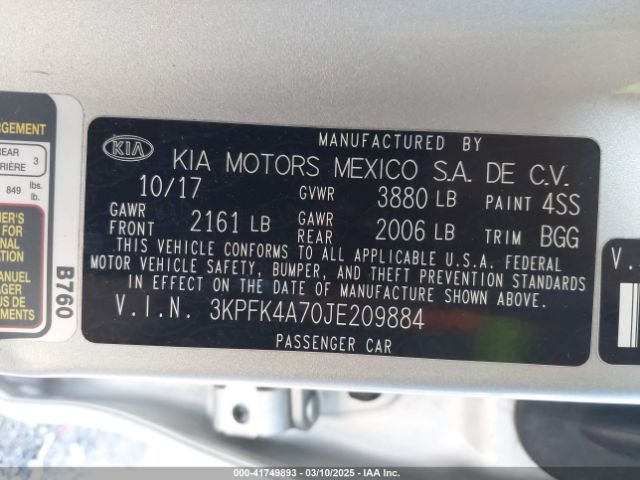 3KPFK4A70JE209884 KIA FORTE LX