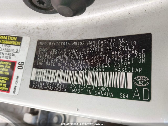 2T1BURHE3JC050965 Toyota COROLLA LE