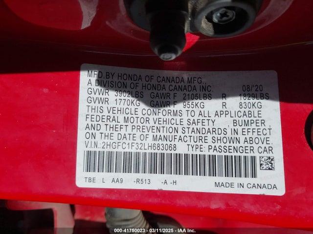 41750023 :رقم المزاد ، 2HGFC1F32LH683068 vin ، 2020 Honda Civic Ex مزاد بيع