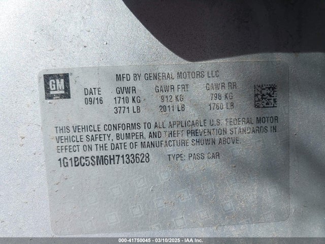 1G1BC5SM6H7133628 Chevrolet le2 -di: direct injection, vvt: variable valve timing, gen, alum