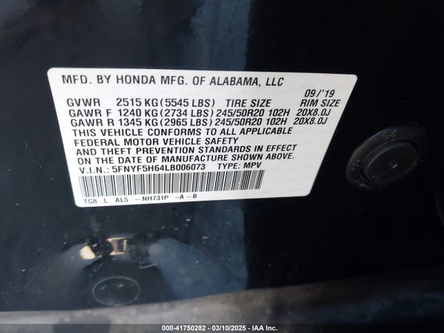 5FNYF5H64LB006073 Honda Pilot 2wd Touring 7 Passenger