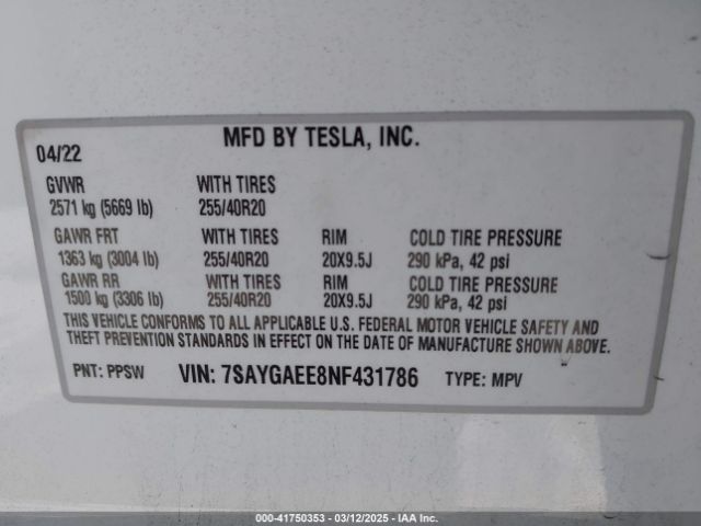 7SAYGAEE8NF431786 Tesla Model Y Long Range Dual Motor All-wheel Drive
