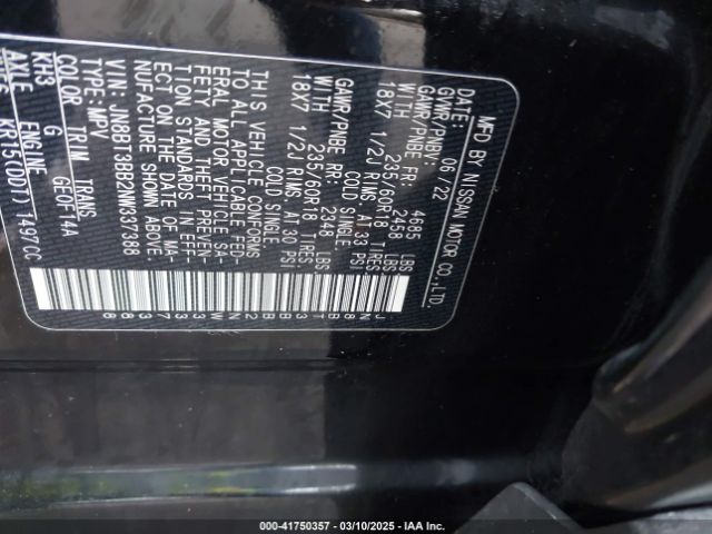 JN8BT3BB2NW337388 Nissan Rogue Sv Intelligent Awd