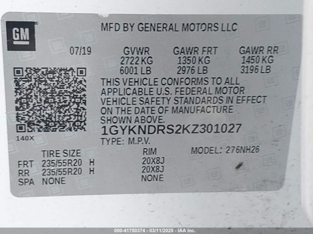 1GYKNDRS2KZ301027 Cadillac XT5 LUXURY