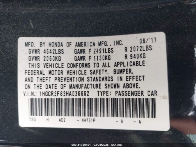 1HGCR3F83HA036662 Honda Accord Ex-l V6
