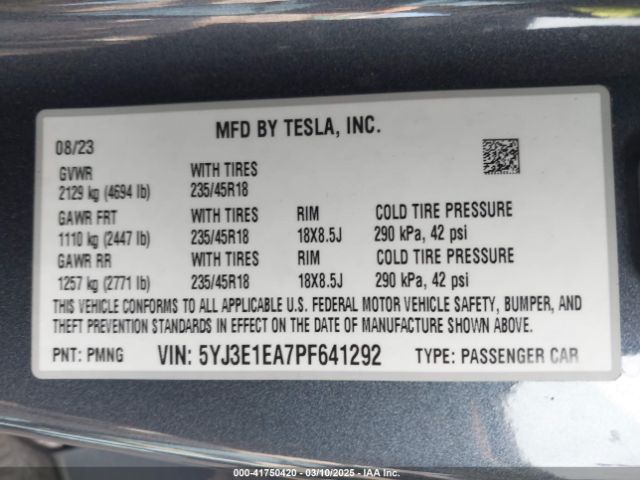5YJ3E1EA7PF641292 Tesla Model 3 Rear-wheel Drive