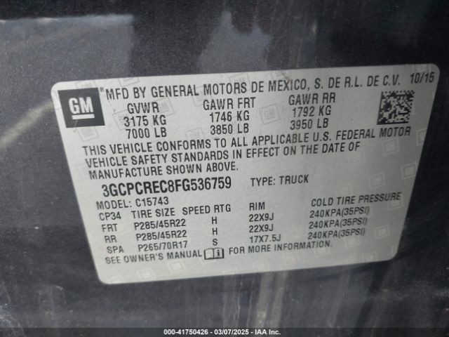 3GCPCREC8FG536759 Chevrolet Silverado 1500 1lt
