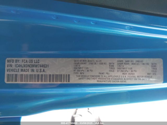 1C4HJXDN3MW744631 Jeep Wrangler Unlimited Freedom 4x4