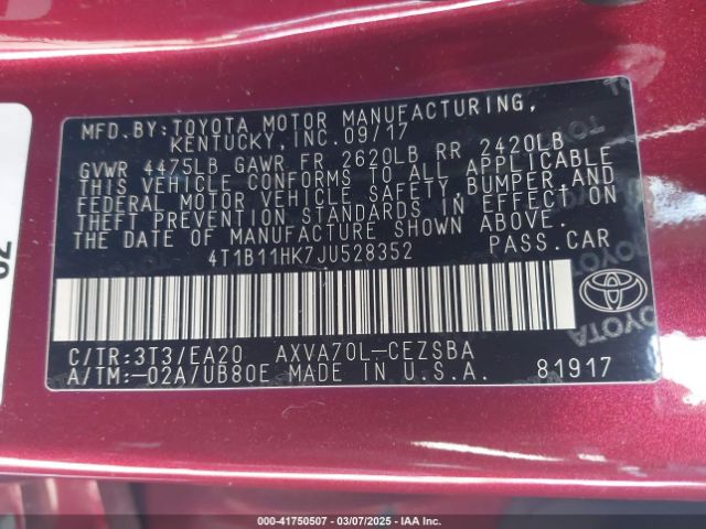 4T1B11HK7JU528352 Toyota CAMRY SE