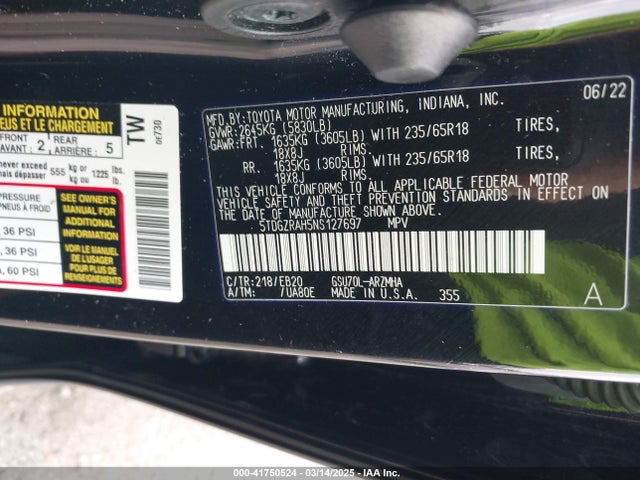 5TDGZRAH5NS127697 Toyota Highlander Xle