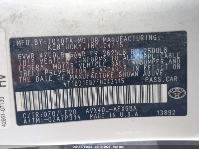 4T1BD1EB7FU043115 Toyota Avalon Hybrid Xle Premium